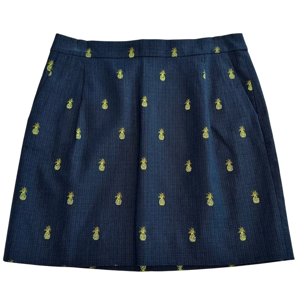 J Crew Womens Navy Blue Pineapple Embroidered Cotton Mini Skirt Size 4 Tropical‎